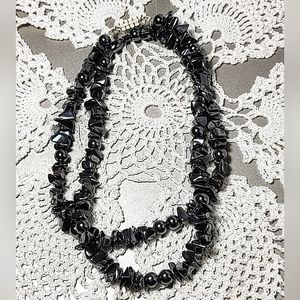 Vintage Mid-Century Necklace Unisex Beaded Hematite Stone Black Gray Silver